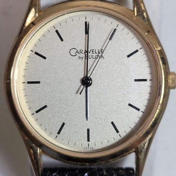 Caravelle By Bulova Watch Black Exotic Leather Band With Original Box - Picture 3 of 5